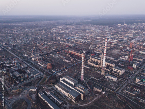 Aerial view on chemical plant. Industrial zone of factory