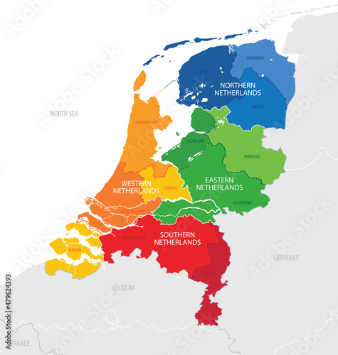 Map of the Netherlands with administrative divisions of the country into regional groups of provinces, detailed vector illustration