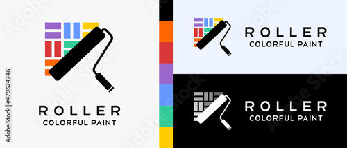 cool building paint logo design template. paint roller brush and brick icon with rainbow color concept. logo illustration for wall or building paint. Premium Vector photo