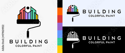 cool building paint logo design template. roller paint brush and building with colorful concept. logo illustration for wall or building paint. Premium Vector
