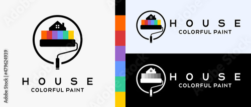 cool building paint logo design template. Roll brush with silhouette and house icon in circle. logo illustration for wall or building paint. Premium Vector