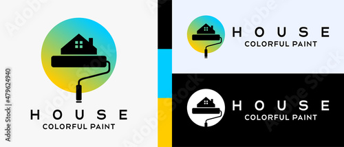 cool building paint logo design template. Roll brush with silhouette and house icon in dots. logo illustration for wall or building paint. Premium Vector