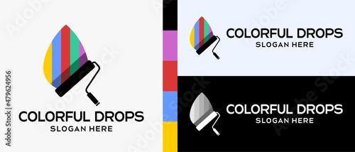 cool building paint logo design template. vector illustration. Roll brush with silhouette and colorful water drops icon. logo illustration for wall or building paint. Premium Vector