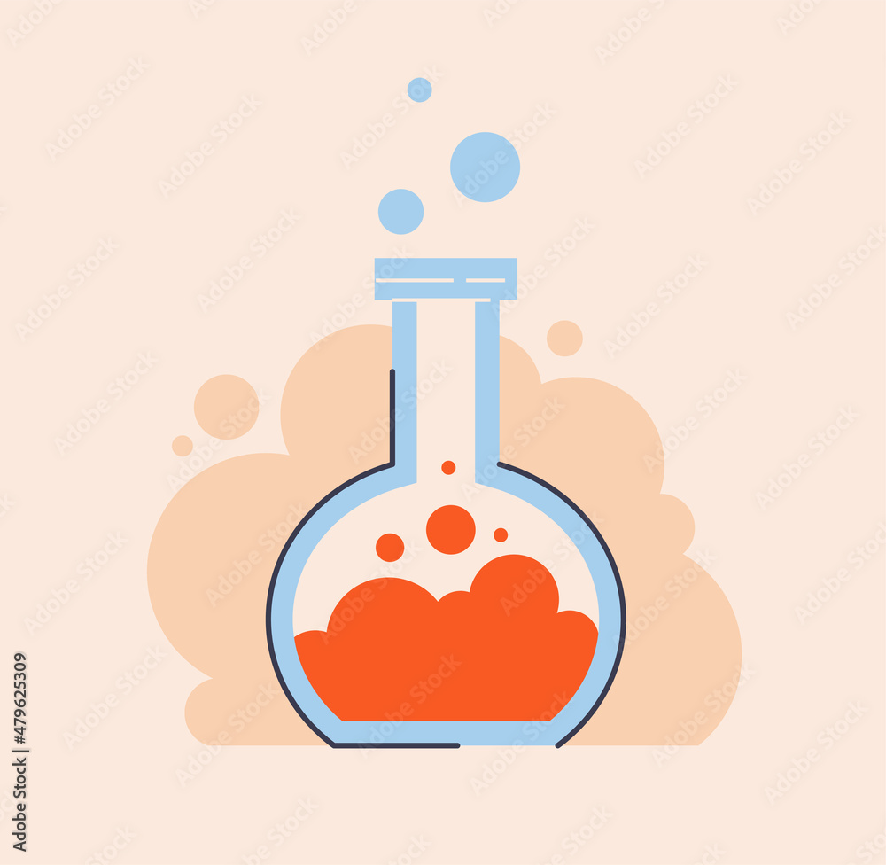 Back to School concept. Colorful sticker with glass flask with orange substance for experiments and experiments. Equipment for chemistry lesson. Reaction of bubbling. Cartoon flat vector illustration Back to School concept. Colorful sticker with glass flask with orange substance for experiments and experiments. Equipment for chemistry lesson. Reaction of bubbling. Cartoon flat vector illustration