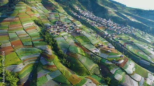 Aerial view of the Nepal van java is a Rural tour on the slopes of mount sumbing, The beauty of building houses in the countryside of the mountainside. Magelang, Indonesia
