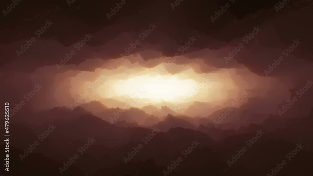 Camera flying Endlessly into a stylized Stone cave toward light with red atmosphere. 4K 3d animation looping background