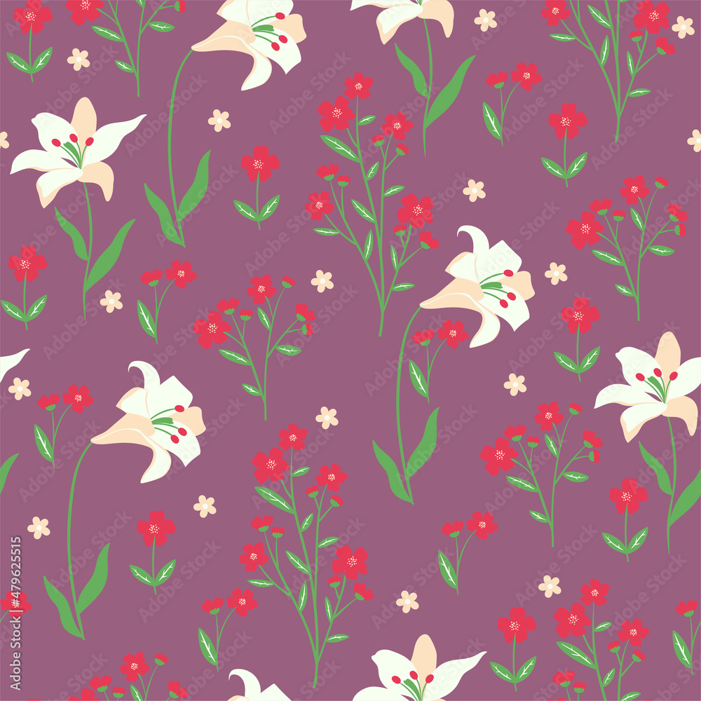 Seamless pattern with lily flowers. Vector graphics.