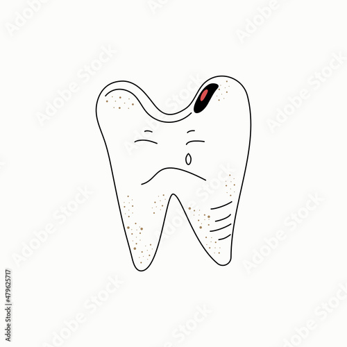 Sick tooth in doodle style. The unclean tooth suffers from pain, cries. A cute sick tooth with caries and plaque. Hand drawing vector cartoon illustration coloring book in whiteboard marker style.