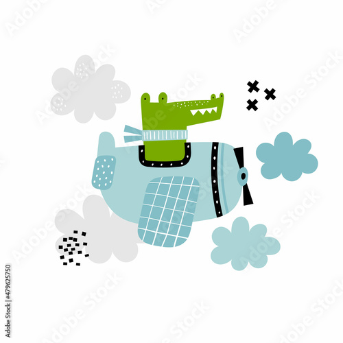 Vector hand-drawn illustration of a cute funny crocodile flying in an airplane and clouds. Animal pilots. Greeting card, print, poster design for kids. Trendy scandinavian character.