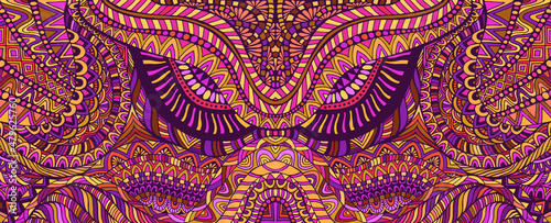 Psychedelic creative colorful symmetrical pattern design art. Surreal abstract decorative pattern with doodle maze of ornaments. Vector hand drawn illustration art