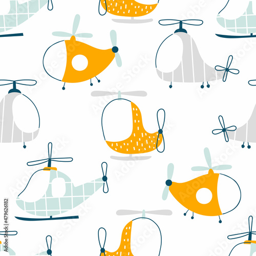Vector hand-drawn seamless childish pattern with cute flying helicopters on a white background. Kids texture for fabric, wrapping, textile, wallpaper, apparel. Scandinavian design.