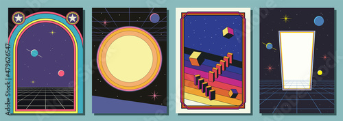 1980s Style Abstract Backgrounds, Illustration. Space and Vintage Colors, Geometric Shapes, Perspective Grids photo