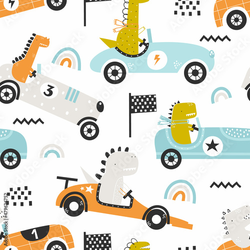 Vector hand-drawn seamless childish pattern with cute funny dinosaur rides in a racing car on a white background. Kids texture for fabric, wrapping, textile, wallpaper, apparel. Scandinavian design.