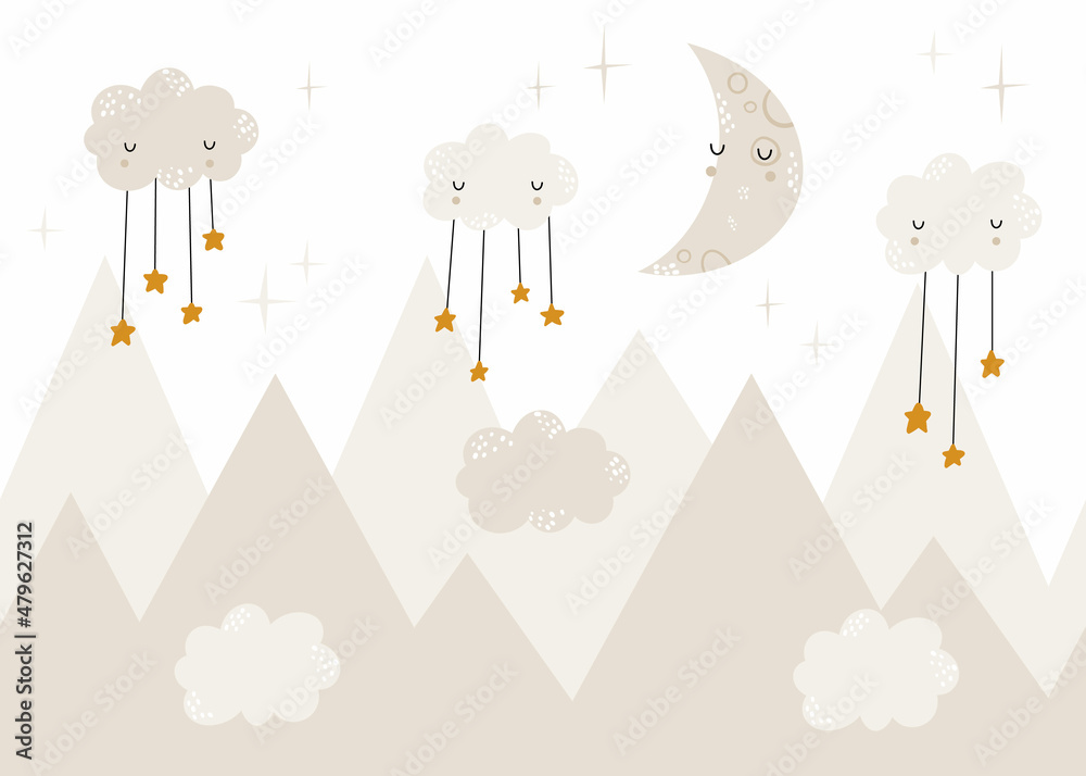 Vector children hand drawn color mountain illustration in scandinavian style. Mountain landscape, clouds and cute moon. Kids wallpaper. Mountainscape, baby room design, wall decor.