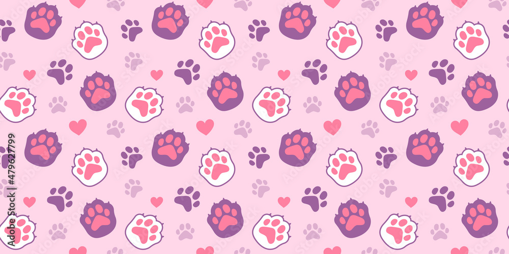 Vector illustration of cute animal paw print with claw and pad. Flat line art style design of seamless pattern with cat paw on pink color background