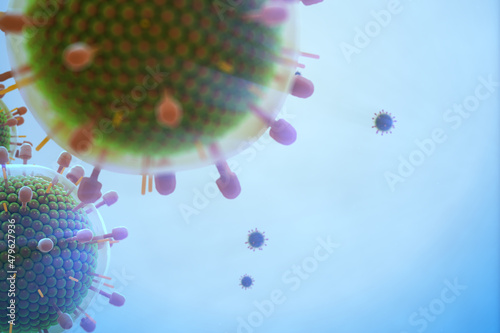 Paramyxovirus mumps , COVID pandemic, Close-up of virus under microscope. Realistic high quality medical 3d render. photo