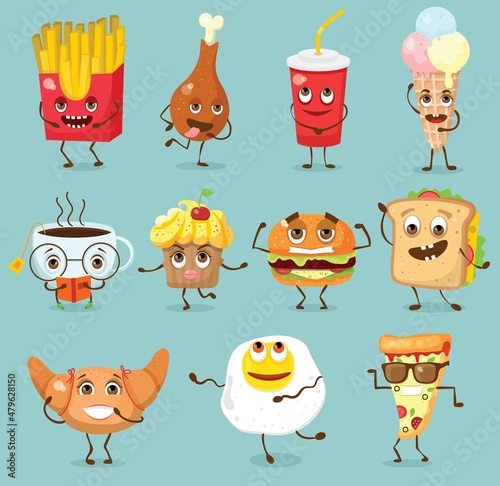 Cartoon food characters vector illustrations- cupcake, hamburger and pizza with emotions