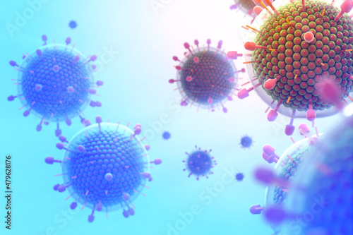 Paramyxovirus mumps , COVID pandemic, Close-up of virus under microscope. Realistic high quality medical 3d render. photo