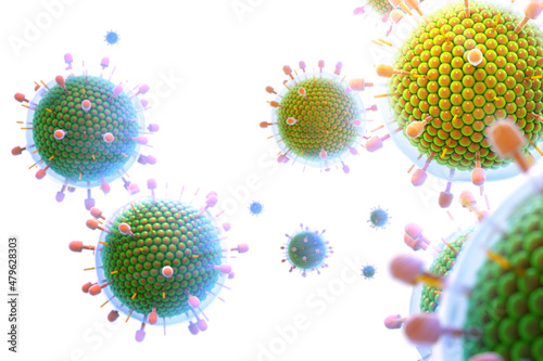 Paramyxovirus mumps , COVID pandemic, Close-up of virus under microscope. Realistic high quality medical 3d render. photo