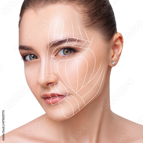 Graphic lines shows face lifting effect on young female face.