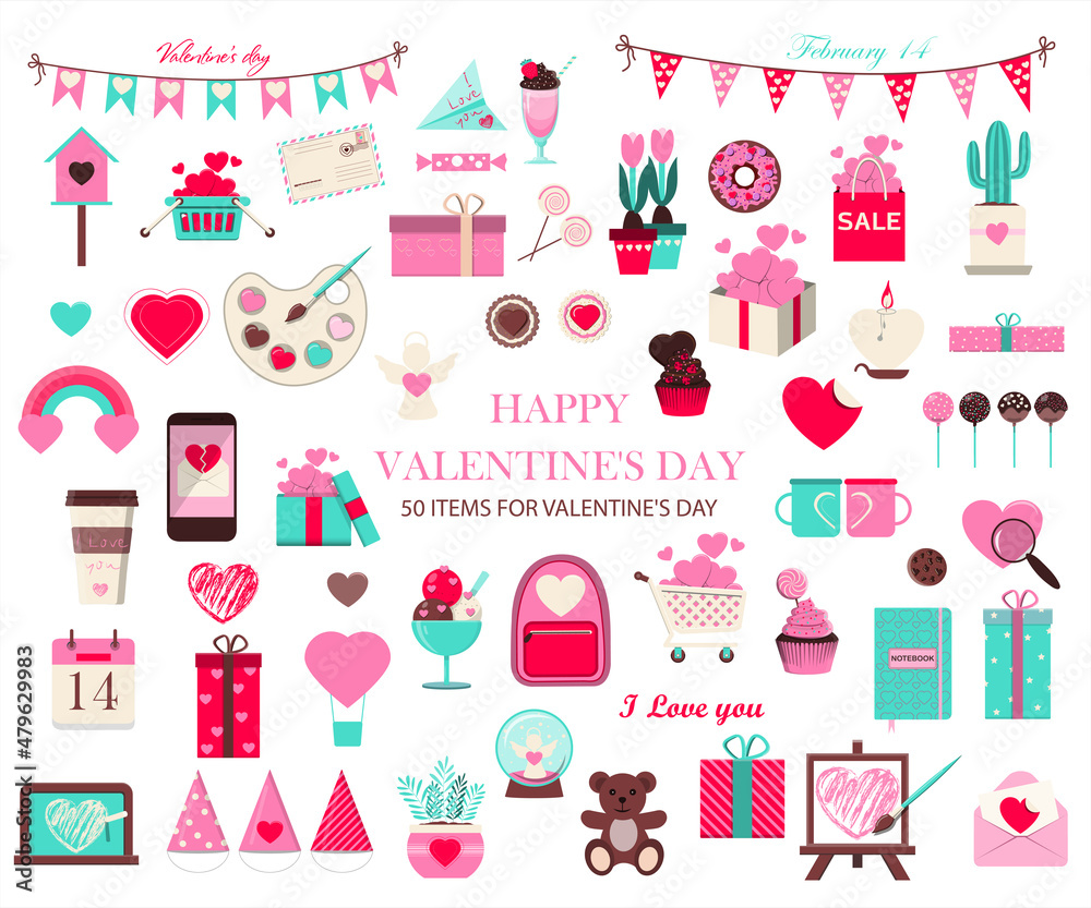 Big set of icons for Valentine s day. Vector illustration of 50 objects for the holiday on February 14. Set of flat design drawings for romance, wedding, date, invitation, greeting card, love. Icons Big set of icons for Valentine s day. Vector illustration of 50 objects for the holiday on February 14. Set of flat design drawings for romance, wedding, date, invitation, greeting card, love. Icons