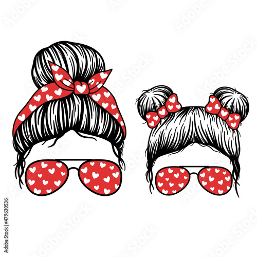 Valentines Mom and Kid. Woman face and girl face with aviator glasses, bandana and heart print. Messy Bun Mom Lifestyle. Messy Bun Girl Lifestyle. Vector illustration for Valentines Day. 