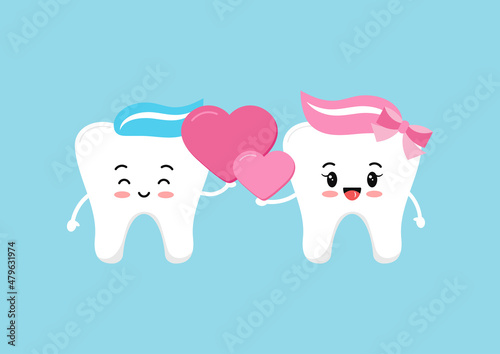 Tooth couple in love with hearts in hand. Happy Valentines Day cute teeth holds pink hearts. Flat design cartoon funny dental character vector illustration. 