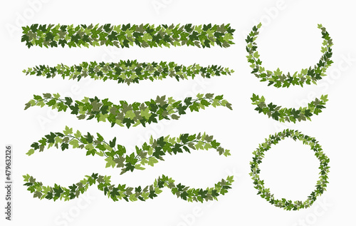 Ivy vector vines and wreaths, and decorative elements made of green leaves, isolated on white background. Vector illustration in flat cartoon style.