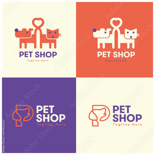 Vector Pet Shop logo design template set. Flat illustration background with dog and cat. Line Of Love Pet Logo Design. Love Pet Logo Template. Modern Design. Flat Logo. Vector Illustration