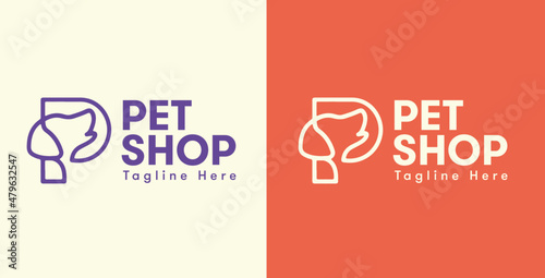 Vector Pet Shop logo design template set. Flat illustration background with dog and cat. Line Of Love Pet Logo Design. Love Pet Logo Template. Modern Design. Flat Logo. Vector Illustration