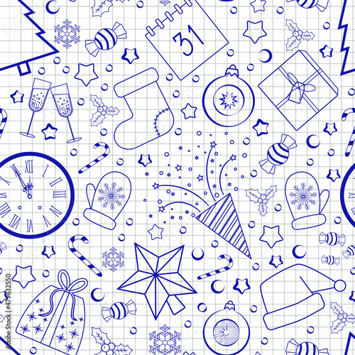 seamless New Year pattern blue doodles on checkered paper like in a notebook