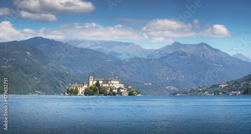 Orta Lake landscape. Orta San Giulio village and island Isola S.Giulio view, Italy