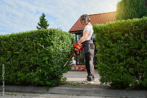 Competent caucasian gardener cutting bushes with electric trimming machine on back yard. Strong young man using modern gardening tool for shaping overgrown hedge. photo