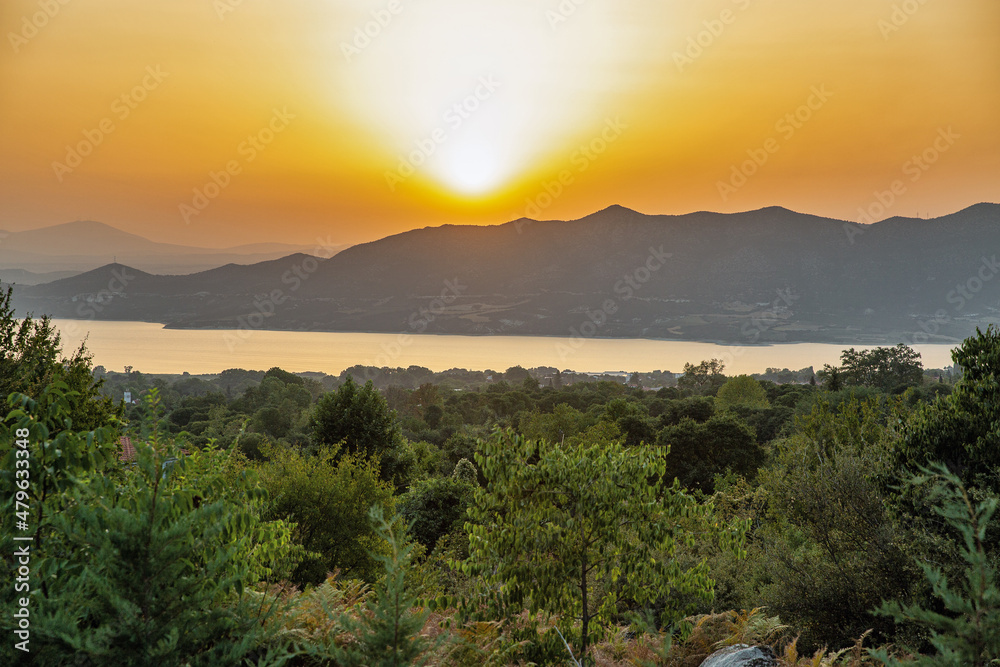 Polyfytos artificial lake sunset in Greece.