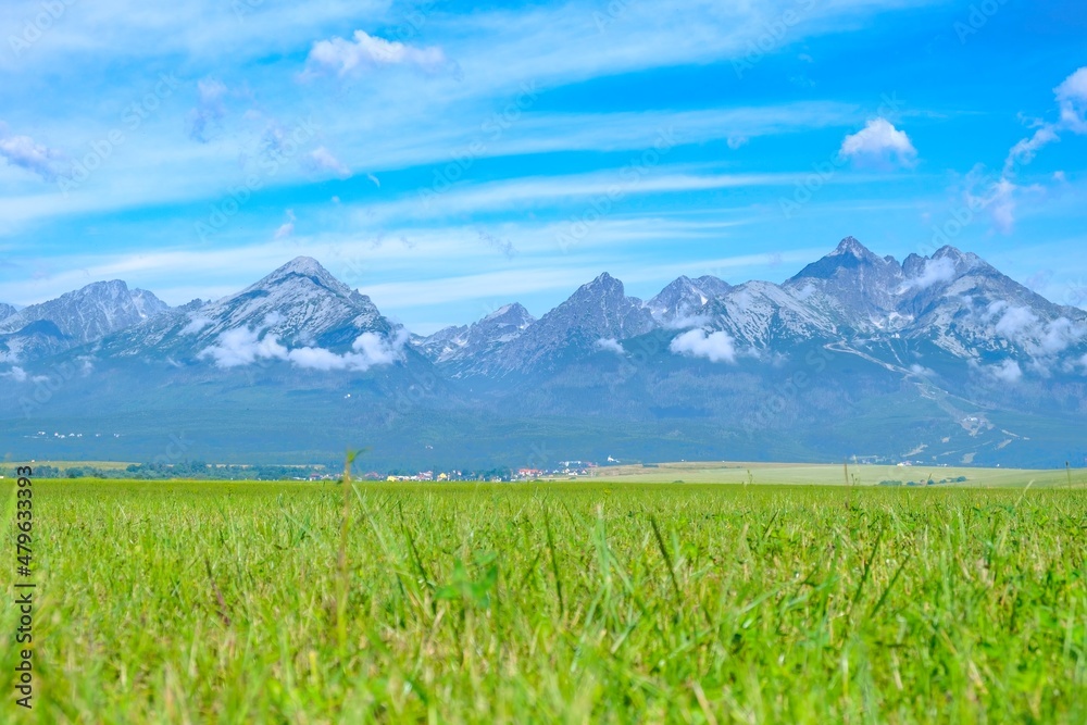 High Tatra mountains peak with the blue sky and green field in Slovakia with copy space. Tourist trails for hiking in summer