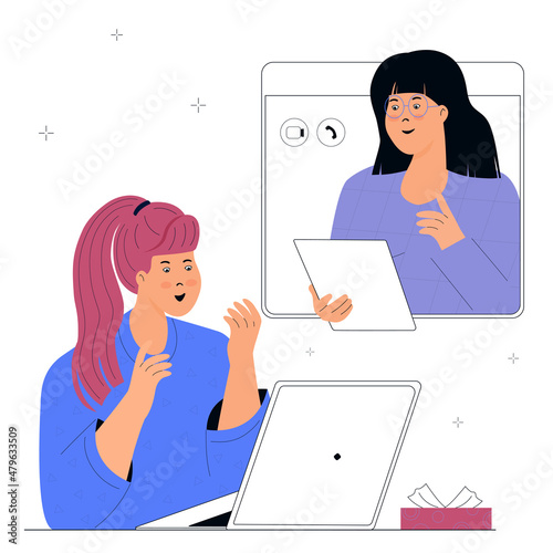 Psychologist online. Woman is at a remote appointment with a psychotherapist by video call using laptop. eTherapy. Psychotherapeutic, psychiatric aid.