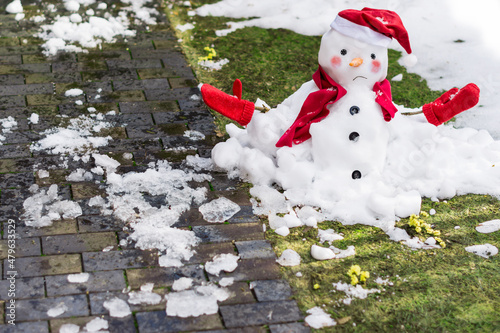 Unhappy snowman in mittens, red scarf and cap is melting  outdoors in sunlight on snowy green grass with small yellow flowers near wet pavement. Approaching spring, warm winter, climate change concept photo