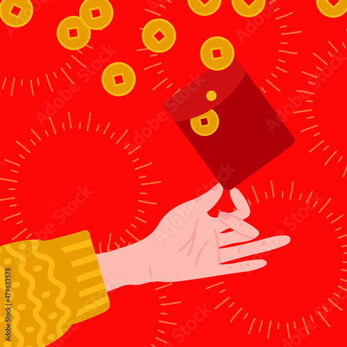 Hand holding red hongbao - red Chinese envelope with golden coins. Distribute money in paper red packets to family. Flat vector illustration for Eastern New Year celebration.