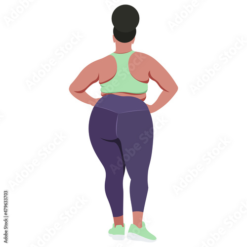 vector illustration a plus size girl in a sports uniform (leggings and a sports bra) trains, does fitness in a good mood isolated on a white background. useful for advertising sports studios, programs