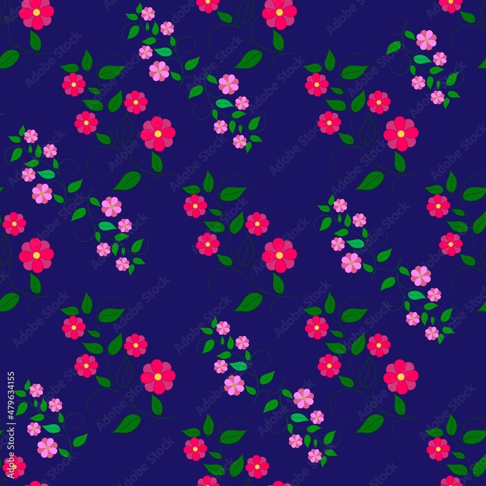 Colorful flowers and twigs on blue background