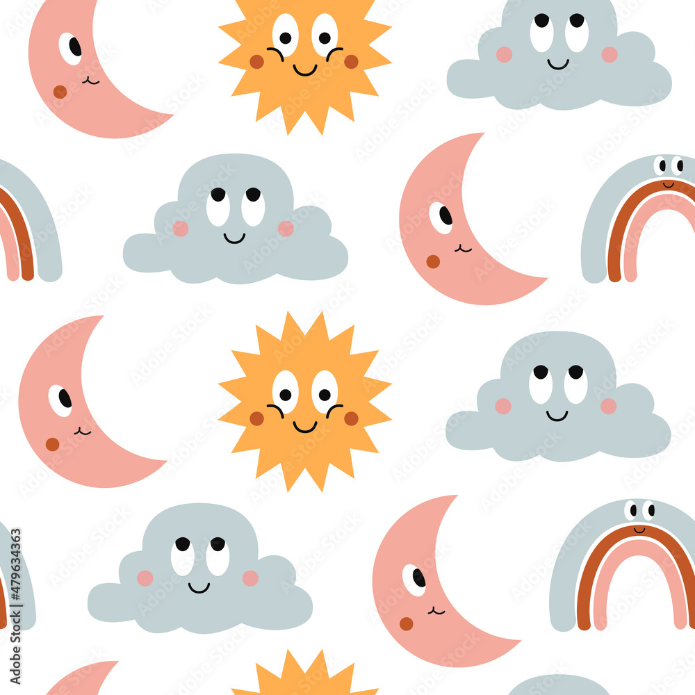 Colorful seamless pattern of funny cartoon icons sun, cloud, moon and rainbow isolated on white background. Cute vector characters illustration Colorful seamless pattern of funny cartoon icons sun, cloud, moon and rainbow isolated on white background. Cute vector characters illustration