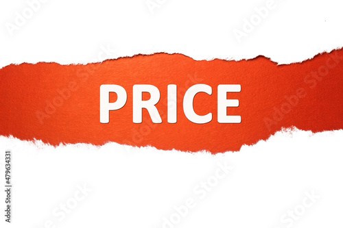 White torn sheet with a red background on which the word price is written.