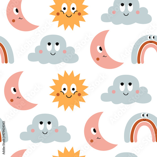 Colorful seamless pattern of funny cartoon icons sun  cloud  moon and rainbow isolated on white background. Cute vector characters illustration