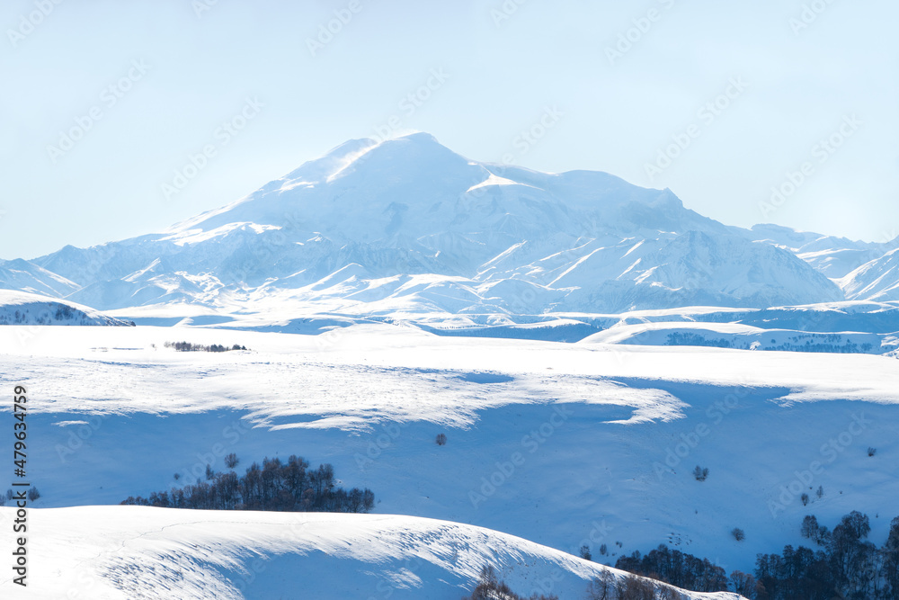 View to Elbrus from pass Gumbashi with zoom