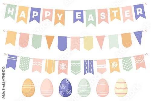 Happy easter bunting, white background. Bunting flags with inscription Happy easter. Easter elements for holiday decoration. Templates for scrapbooking. Pastel colors. Vector illustration