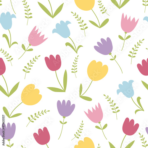 Floral spring background. Seamless pattern of tulips. Vector illustration. It can be used for wallpapers, wrapping, cards, patterns for clothes and other.