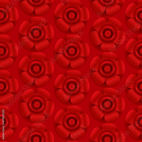 Red Chinese background with 3d flower seamless pattern for New Year decoration. Spring blossom vector backdrop. photo