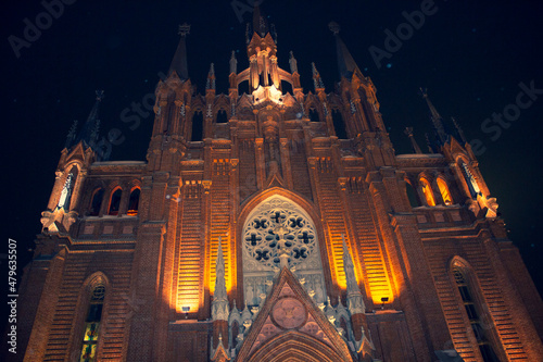 Beautiful antique Catholic church at night