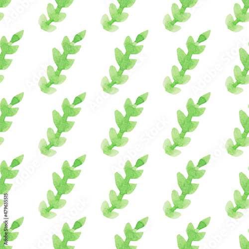Seamless pattern with hand-drawn watercolor green branches with leaves on white. Summer, spring season. Organic, natural, freshness concept for textile, print, etc.