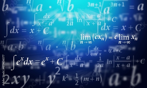 Abstract blue gradient background technology. Design of mathematical equations, texture of formulas, digital technologies. Vector illustration